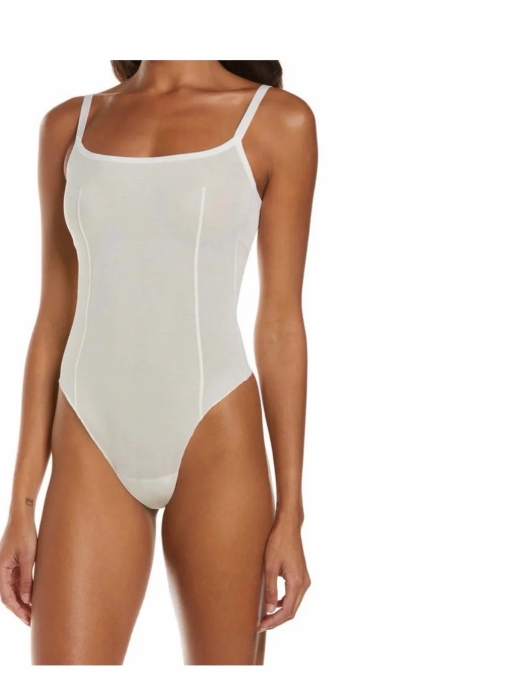 Women’s Beige Square-Neck Power Mesh Thong Bodysuit